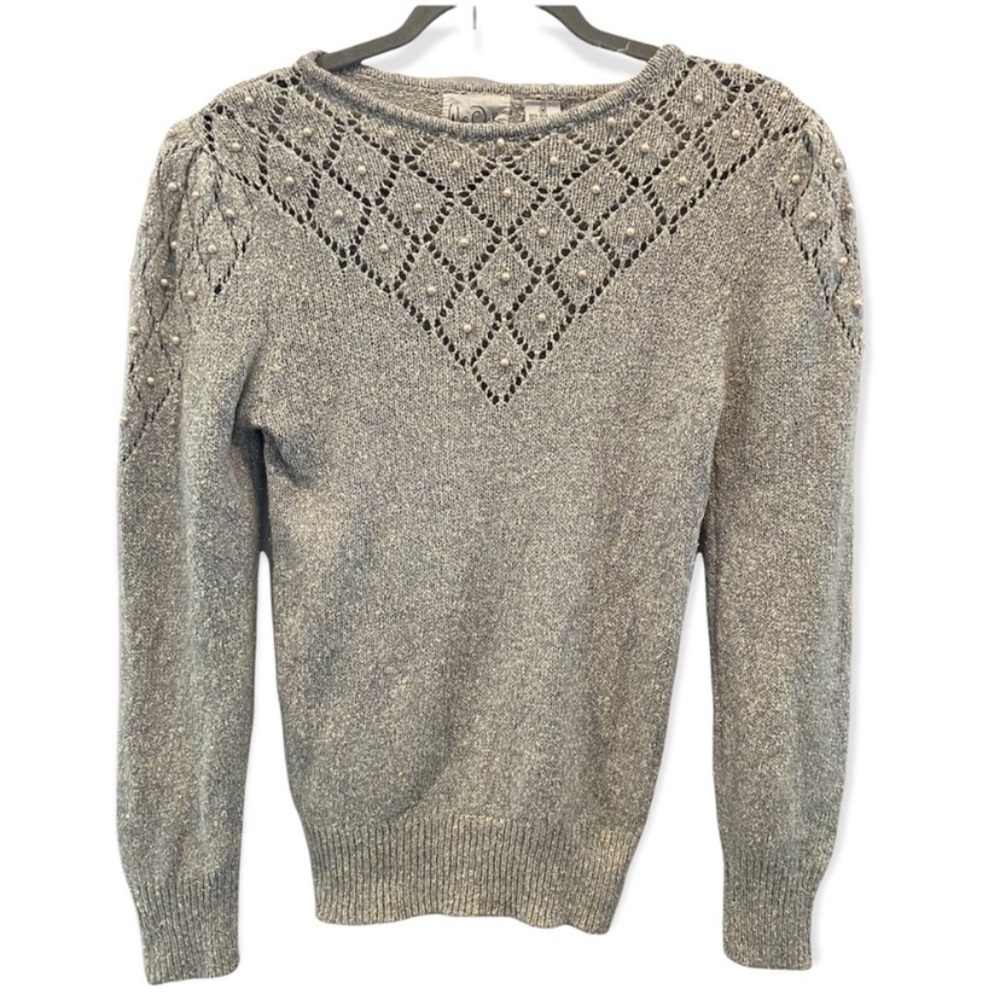 VINTAGE Sweater Angora Silk Pointelle Knit Pearl Puff Sleeve Grannycore Small